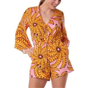 Farm Rio Linen Banana Bell Sleeve Pink Yellow Romper XS